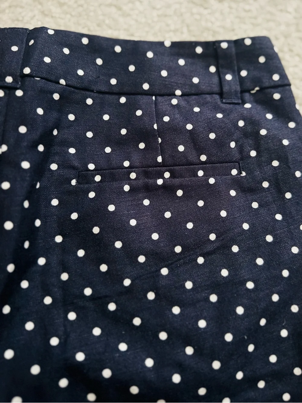 J. Crew Scalloped Hem Polka Dot Printed Navy Blue White Linen Cotton Mini Shorts